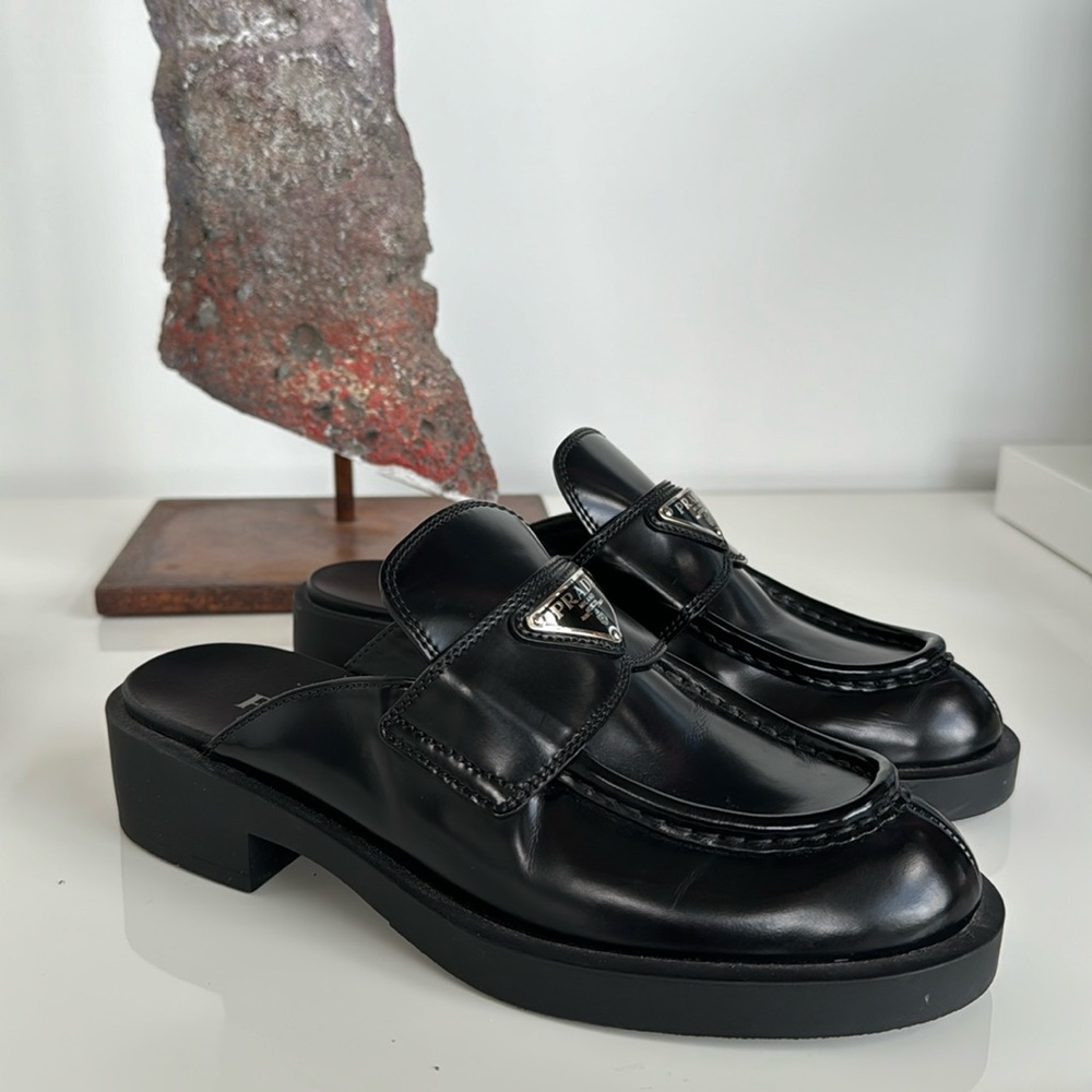 Prada Black Brushed Leather Loafer Mules Size IT 36
